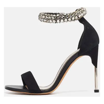 Alexander McQueen Black Suede Crystal Embellished Ankle Cuff Sandals Size