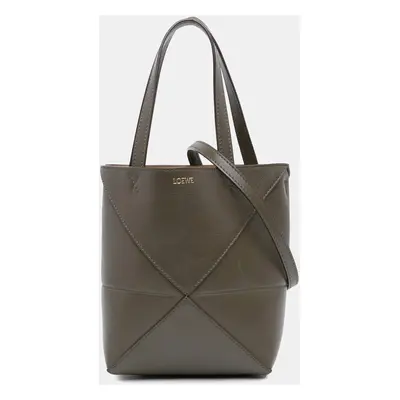 Loewe Dark Khaki Leather Mini Puzzle Fold Tote Bag