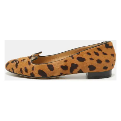 Charlotte Olympia Brown Leopard Print Calf Hair Cat Ballet Flats Size