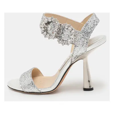 Jimmy Choo Silver Glitter Ankle Strap Sandals Size