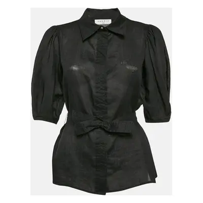 Sandro Black Ramie Belted Button Front Blouse