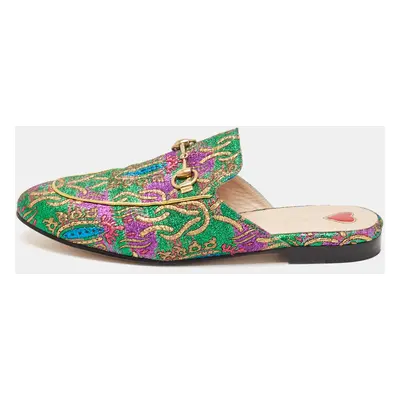 Gucci Green Brocade Fabric Horsebit Princetown Flat Mules Size 37.5