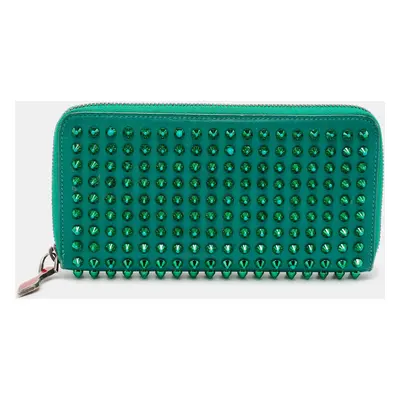 Christian Louboutin Green Leather Spike Studded Zip Continental Wallet