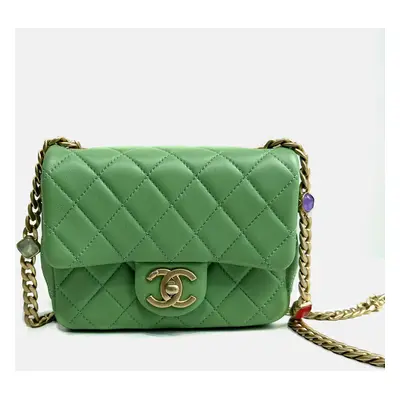 Chanel Green Lambskin Resin Quilted Mini Pearl Samba Square Flap bag