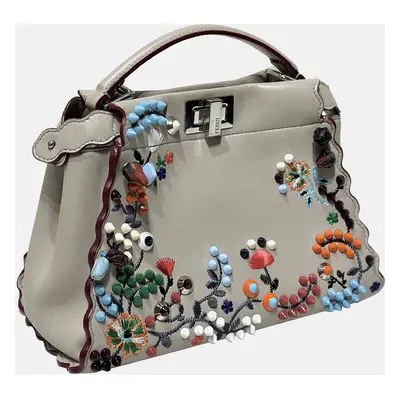 Fendi Grigio Polvere Nappa Embroidered Flower Scalloped Mini Peekaboo Iconic Satchel Bag