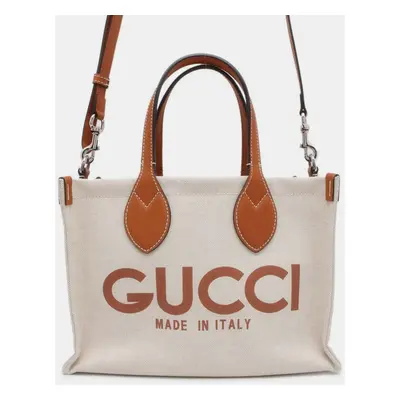 Gucci Beige/Light Brown Canvas Leather Print Tote Bag Size Mini