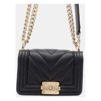 Chanel Black Caviar Leather Boy Chanel Chain Shoulder Bag Size Mini