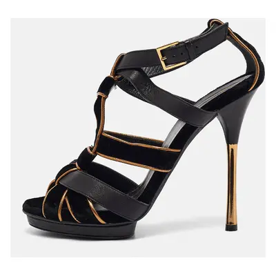 Gucci Black/Gold Leather and Suede Malika Ankle Strap Sandals Size