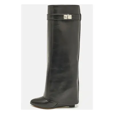 Givenchy Black Leather Shark Lock Wedge Knee High Boots Size