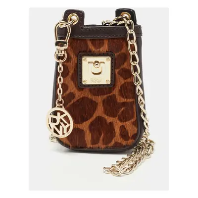 DKNY Brown Leopard Print Calfhair and Leather Chain Phone Case