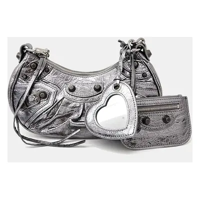 Balenciaga Silver Leather Le Cagol Mini Chain Shoulder Bag