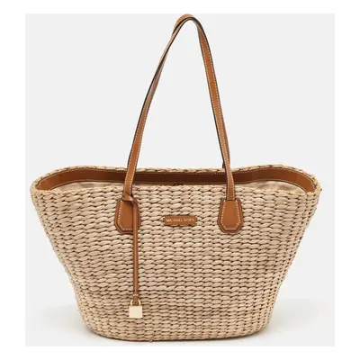 Michael Kors Beige/Brown Woven Raffia and Leather Malibu Tote