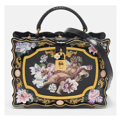 Dolce & Gabbana Black Rose and Cherub Painted Wood Dolce Box Top Handle Bag