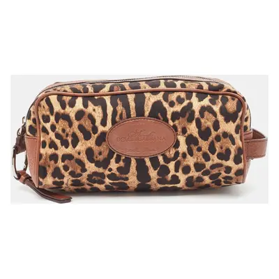 Dolce & Gabbana Brown Leopard Print Fabric and Leather Cosmetic Pouch