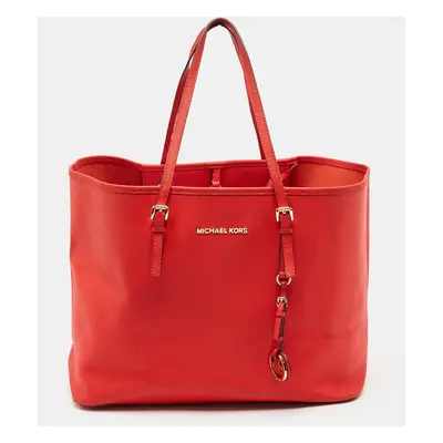 Michael Kors Red Leather Large Jet Set Travel Tote