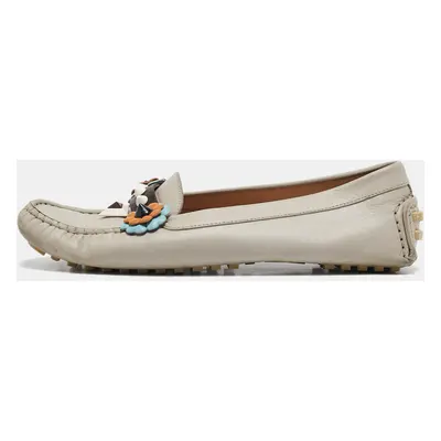 Fendi Grey Leather Studded Flowerland Loafers Size