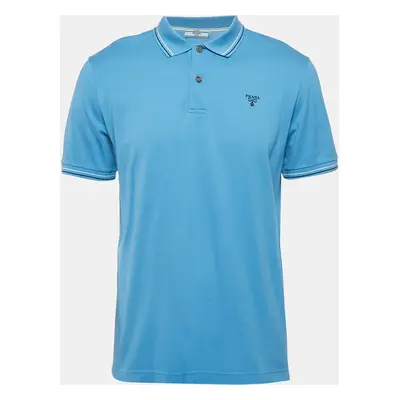 Prada Blue Logo Embroidered Cotton Pique Polo T-Shirt