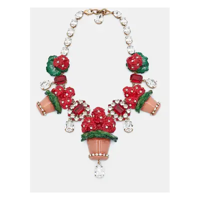 Dolce & Gabbana Crystal Geranium Pot Flower Necklace Chocker Gold Tone Red Green Necklace