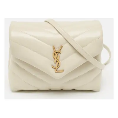 Saint Laurent White Quilted Leather Toy Loulou Crossbody Bag