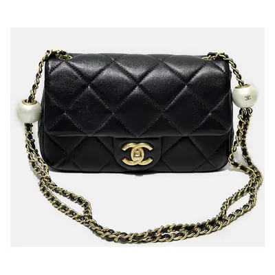 Chanel Black Leather Quilted Pearl Small Flap Bag