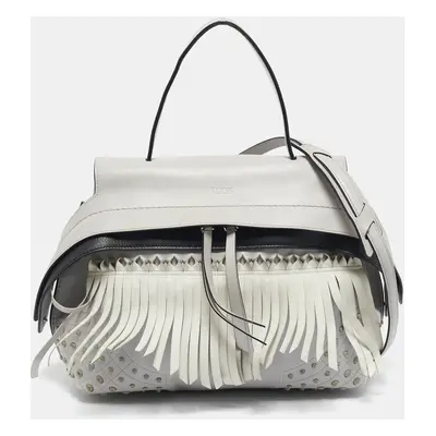 Tod's Light Grey/White Leather Origami Fringed Top Handle Bag