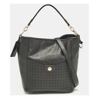 Longchamp Black Leather Perforated Mademoiselle Bucket Bag