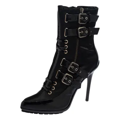 Enio Silla For Le Silla Black Patent Leather And Nylon Platform Ankle Boots Size 39.5