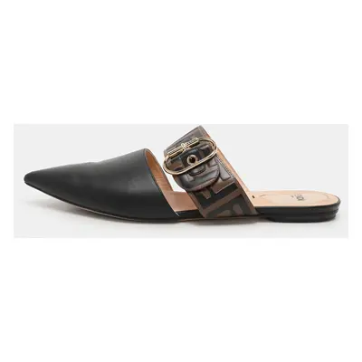 Fendi Black/Brown Leather FF Logo Buckle Mules Size