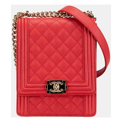 Chanel Red Quilted Caviar North South Boy Flap