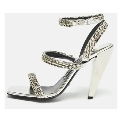 Tom Ford Metallic Silver Leather Chain Embellished Ankle Strap Sandals Size