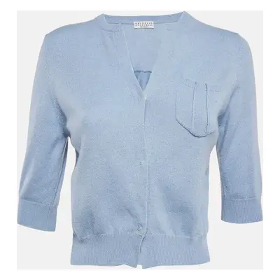 Brunello Cucinelli Blue Cashmere Knit Crop Cardigan