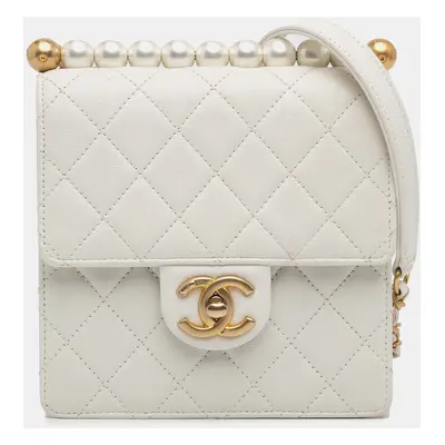 Chanel White Lambskin Leather Small Lambskin Chic Pearls Flap Bag