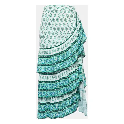 Sandro White/Green Print Cotton Tiered Midi Skirt