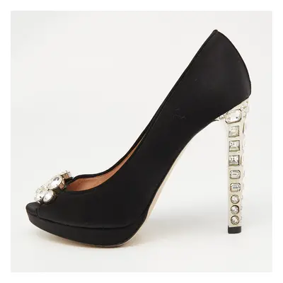 Miu Miu Black Satin Crystal Embellished Peep Toe Platform Pumps Size