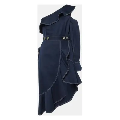 Self-Portrait Navy Blue Canvas Asymmetric Ruffled Dress