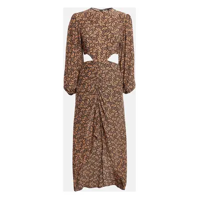 Maje Brown Paisley Print Silk Blend Cut-Out Ruched Maxi Dress