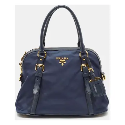 Prada Blue Nylon And Leather Zip Dome Satchel