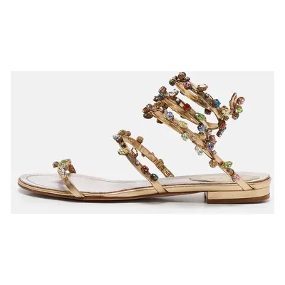 René Caovilla Gold Leather Crystal Embellished Ankle Strap Sandals Size