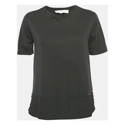 Elisabetta Franchi Black Chiffon and Jersey Lace-Up Detail Top