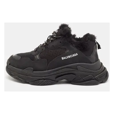 Balenciaga Black Fur and Mesh Triple Lace Up Sneakers Size