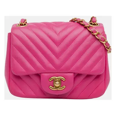 Chanel Pink Mini Square Classic Chevron Lambskin Flap