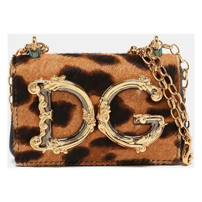 Dolce & Gabbana Black/Beige Leopard Calfhair and Leather DG Girls Chain Coin Purse