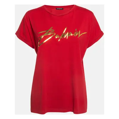 Balmain Red Foil Logo Printed Cotton T-Shirt