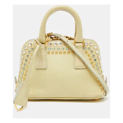 Prada Cream Saffiano Patent Leather Crystal Embellished Pyramid Frame Satchel