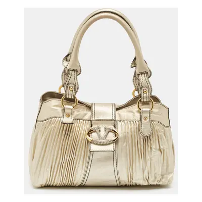 Valentino Gold Pleated Leather Crystal Catch Satchel