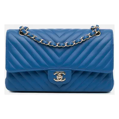 Chanel Blue Lambskin Medium Classic Chevron Double Flap Bag