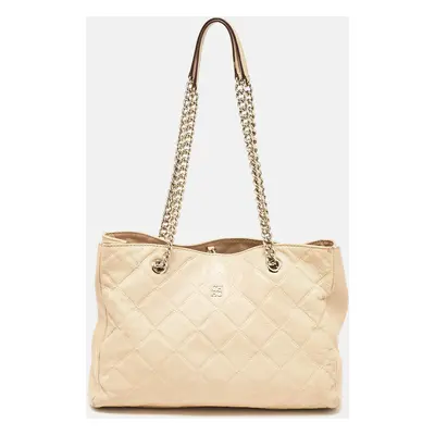 Carolina Herrera Beige Logo Embossed Quilted Leather Chain Tote