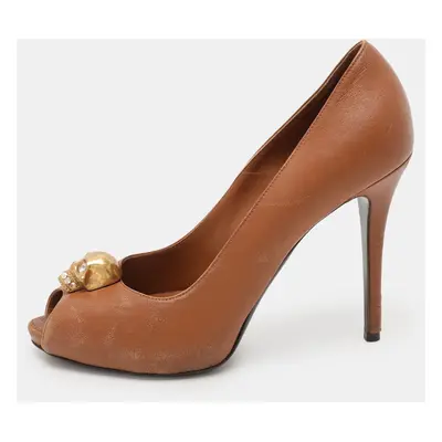 Alexander McQueen Brown Leather Skull Peep Toe Pumps Size