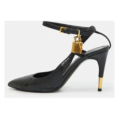 Tom Ford Black Snakeskin Leather Padlock Ankle Wrap Pointed Toe Pumps Size