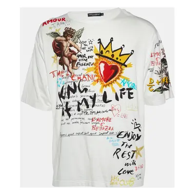 Dolce & Gabbana White Doodle Print Cotton Crew Neck T-Shirt